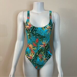 Summer blue tropical print one piece swimsuit